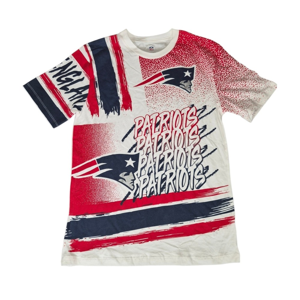 NFL New England Patriots Kids Large 14/16 T-Shirt White Red Blue All Over Print